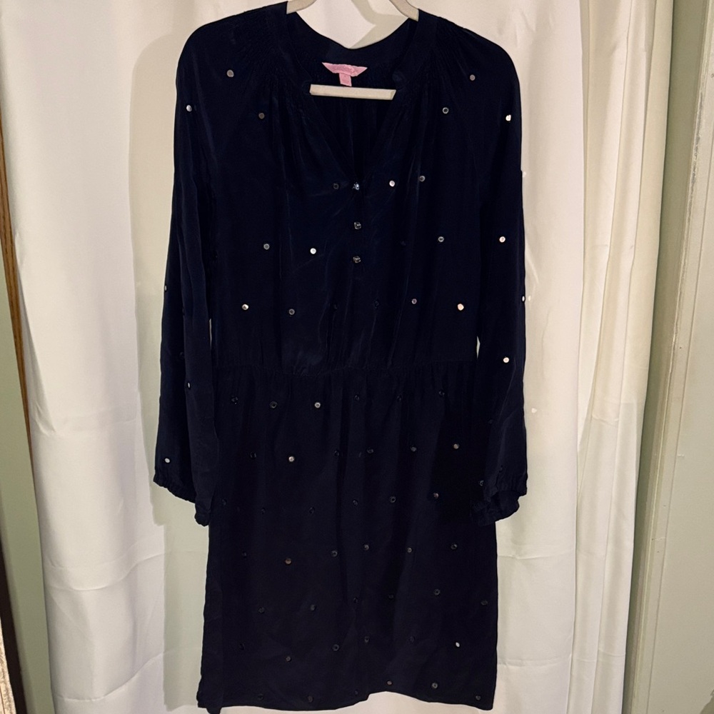 Lilly Pulitzer 100% silk mirror embellishments dress navy size Small